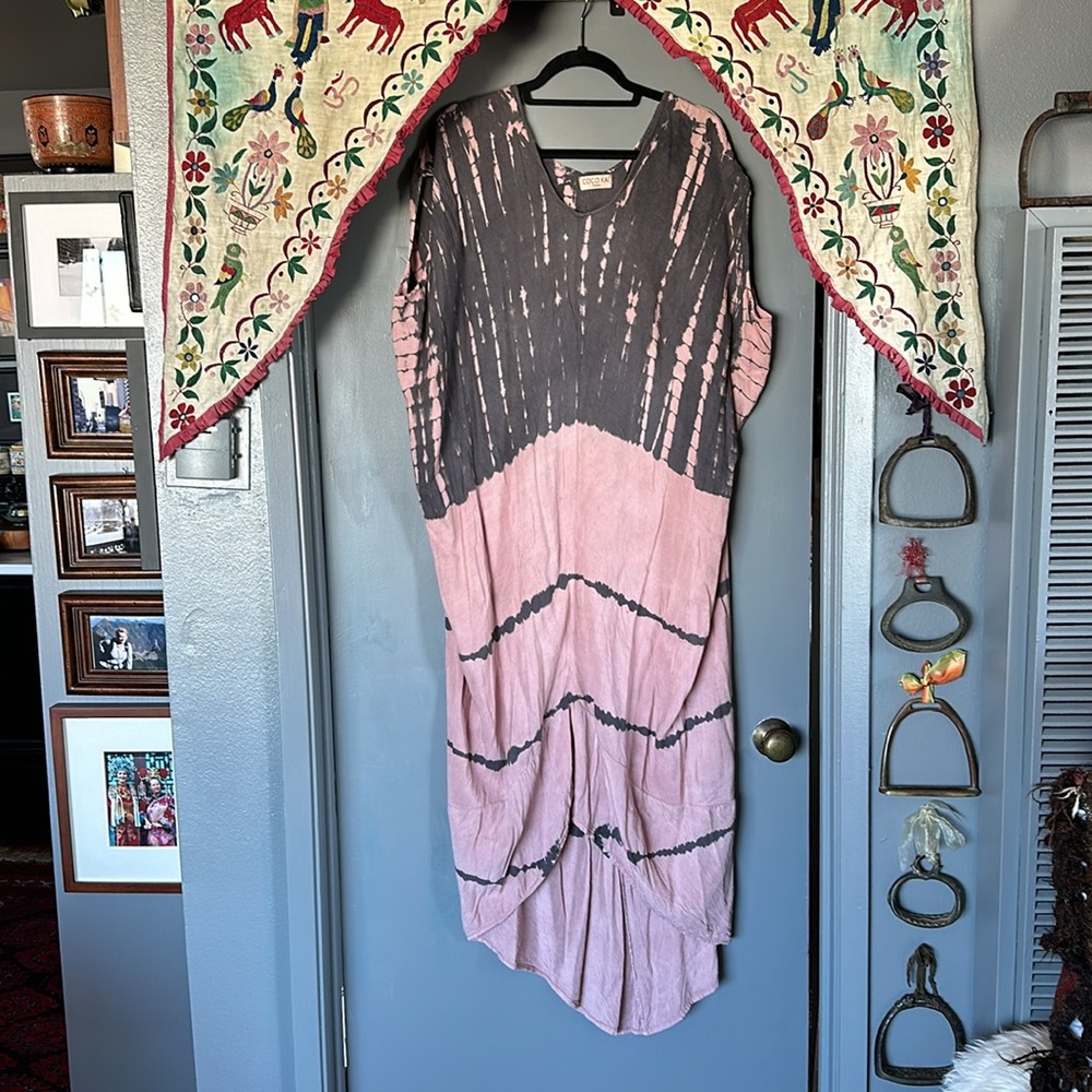 Boho Tie-Dye Midi Dress in Pink and Charcoal